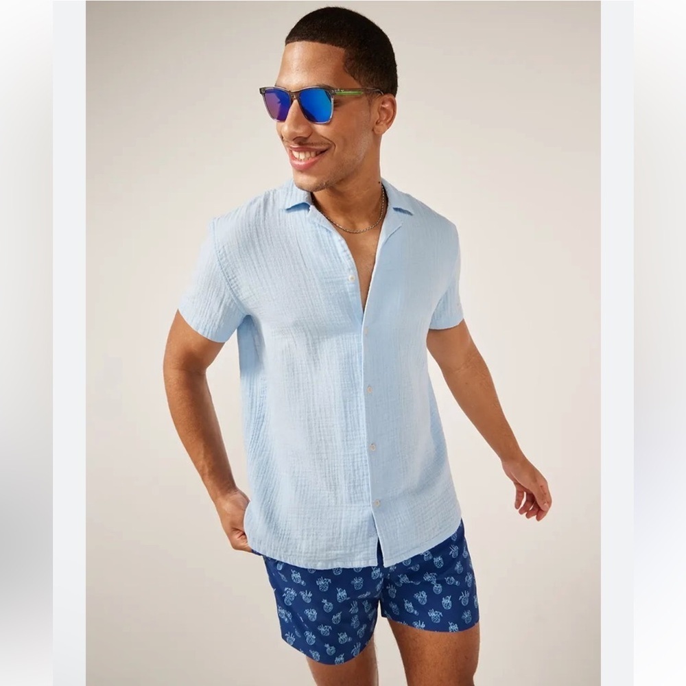 NEW Chubbies The made in the shade Gauze Sunday  Short Sleeve Shirt XL Baby Blue